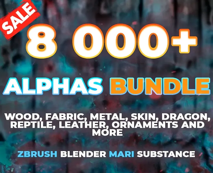 8000+ Alphas Bundle. Fabric, wood, skin, metal, dragon, reptile, metal and more alphas for ZBrush, Blender, Mari, Substance. Displacement Maps.