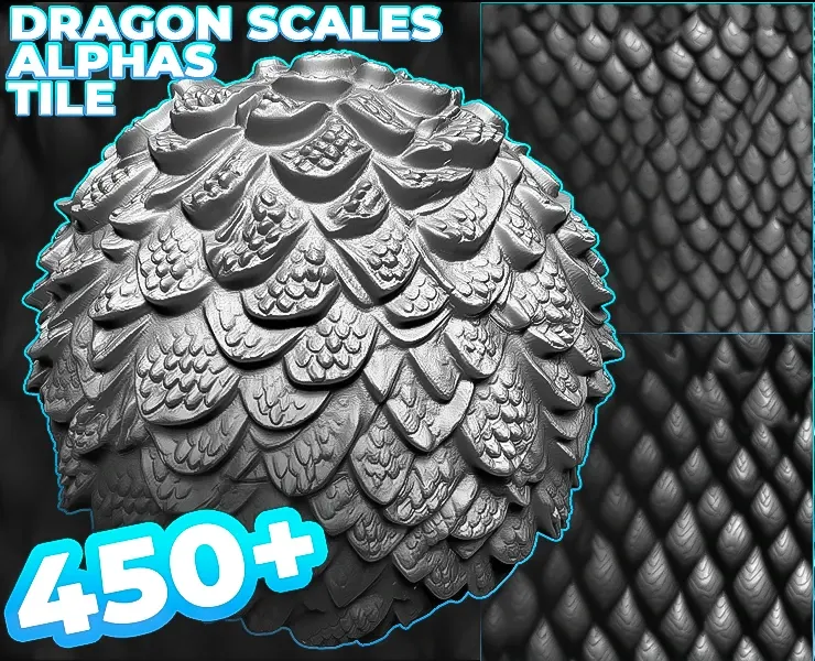 450+ Dragon Scales Alphas for ZBrush, Blender, Mari (30 tile alphas) vol.7