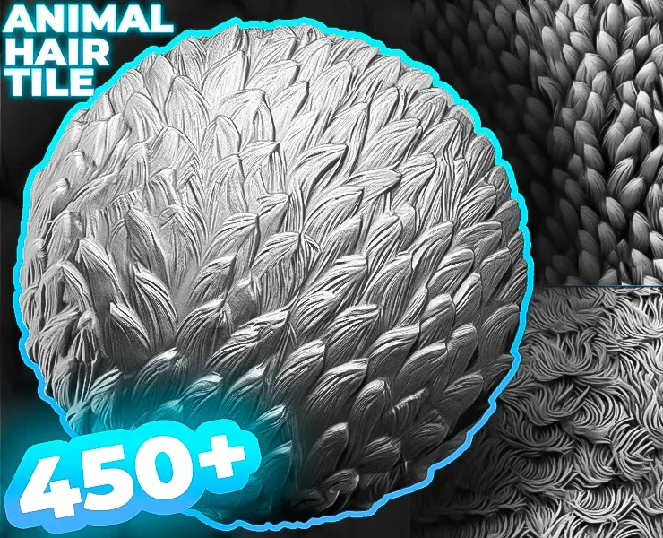 450+ Animals Hair & Fur Alphas (Displacement Maps) for ZBrush, Blender, Substance Painter vol.10