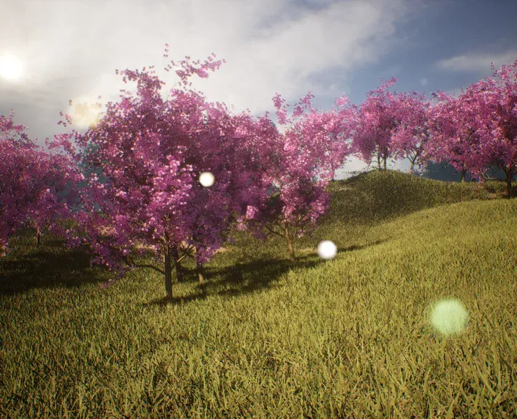 Blossom trees with rolling hill 3d scene