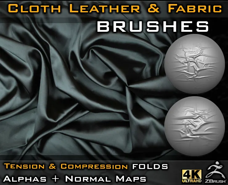 Different types of Cloth, Leather, Fabric & etc Brushes (4k) Tension & Compression Folds- Alpha + Normal Maps V-01