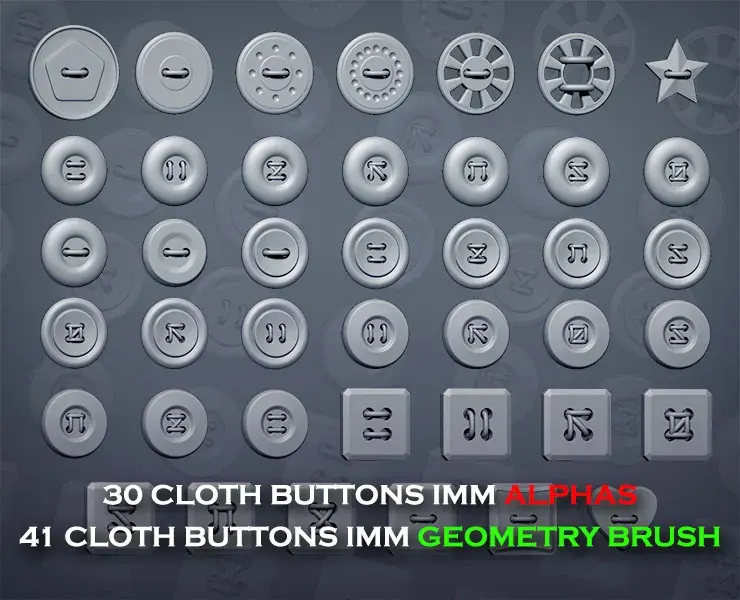 41 Cloth buttons with and Without ROPE and Alphas Zbrush IMM and Meshes - Zbrush and Blender