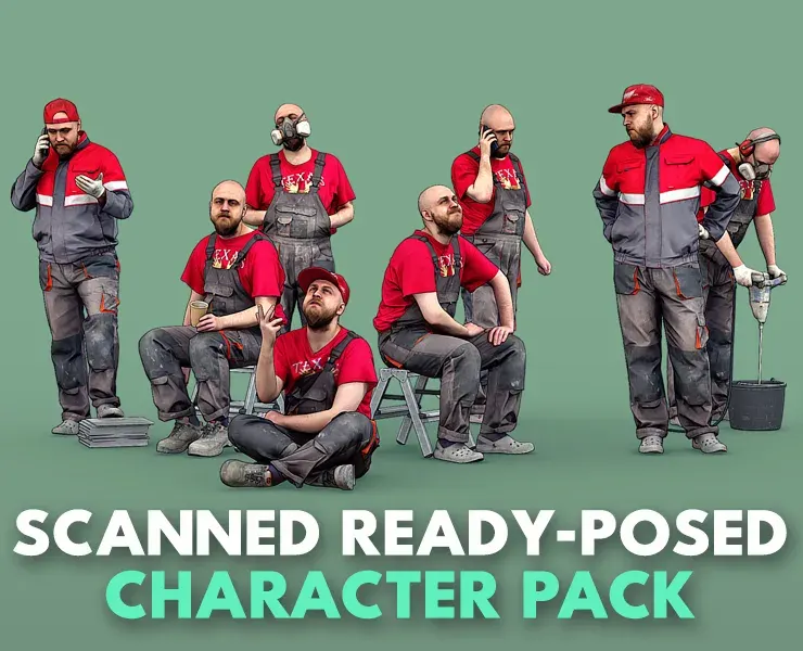 Bald Worker in Overalls and Red T-shirt model pack