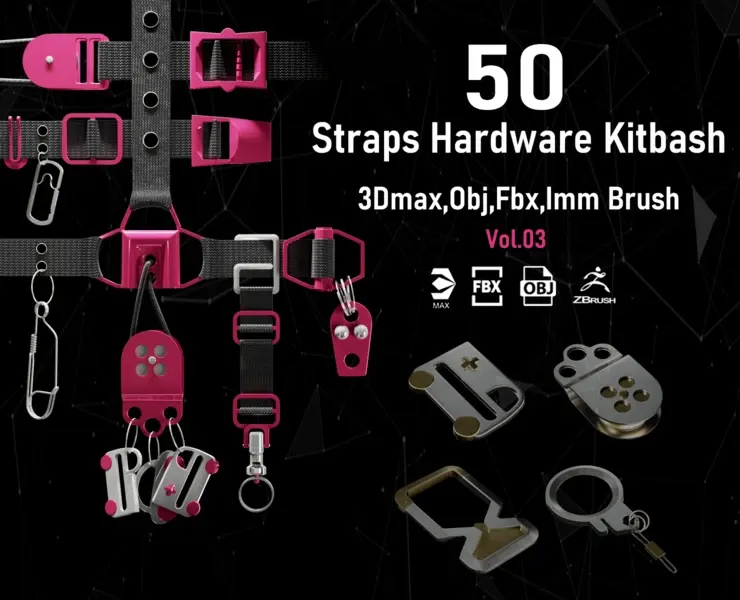 50 Straps Hardware Kitbash 3D Models (fully unwraped) + imm brushes_VOL03