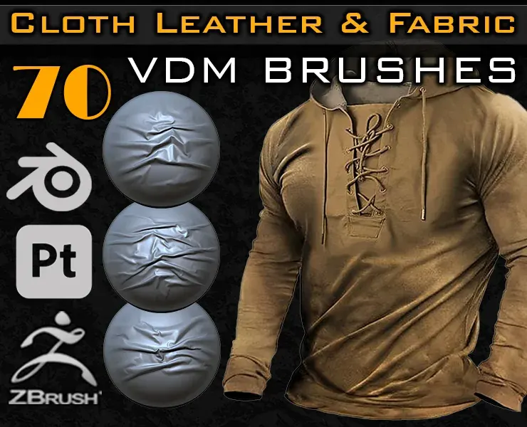 70 VDM Brushes Cloth Leather & Fabric Brushes _ 70 Alpha (4k) +Video Tutorial for Zbrush, Blender and Substance Painter- Vol 03