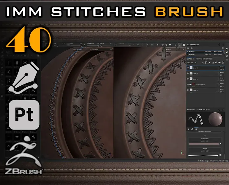 40 IMM Stitches, Sewing Brush for Zbrush and Substance Painter( with Alpha_4k )+ obj & fbx