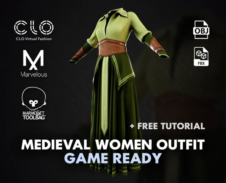 Medieval Women Outfit - Marvelous Designer / Clo3D , High & Low Poly+ Free Tutorial