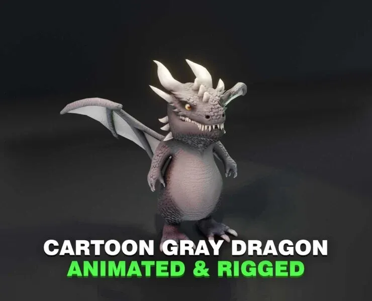 Cartoon Gray Dragon Animated Low-poly 3D Model