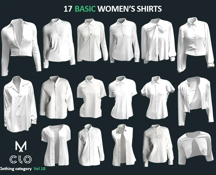 17 BASIC WOMEN'S SHIRTS / ZPRJ + OBJ + FBX / Marvelous + Clo3d