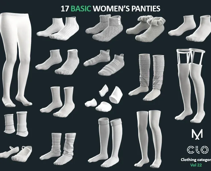 17 BASIC WOMEN'S SOCKS / ZPRJ + OBJ + FBX / Marvelous + Clo3D