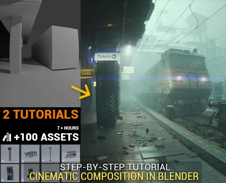 Blender Beginner Workflow For Cinematic Art, (2 tutorials - 7 h) + 100 Assets