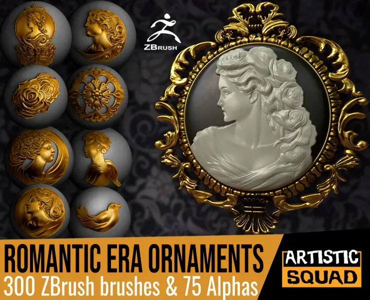 Romantic Era Ornaments Maker 300 ZBrush brushes and 75 alphas