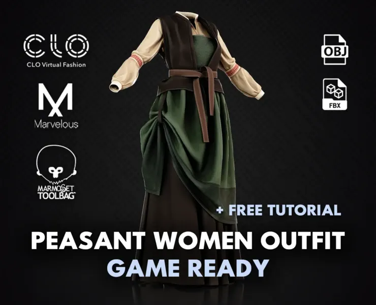 Peasant Women Outfit 3D Model - Marvelous Designer / Clo3D , Low Poly+ Free Tutorial