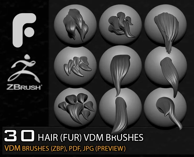 30 Stylized Hair (Fur) VDM Brushes for Zbrush V-02