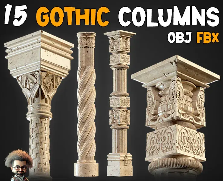 15 Gothic Columns 3D Model + 30 Ornaments Brush - Vol 22