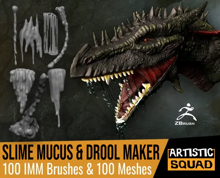 Slime Mucus and Drool Maker 100 IMM ZBrush Brushes and 100 OBJs