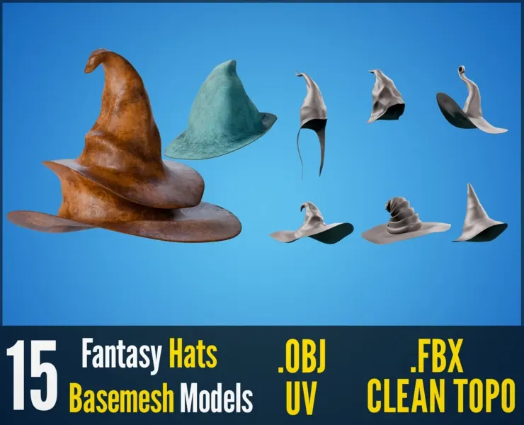 15 Fantasy/Wizard/Mage Hats - Basemesh Models + Bonus