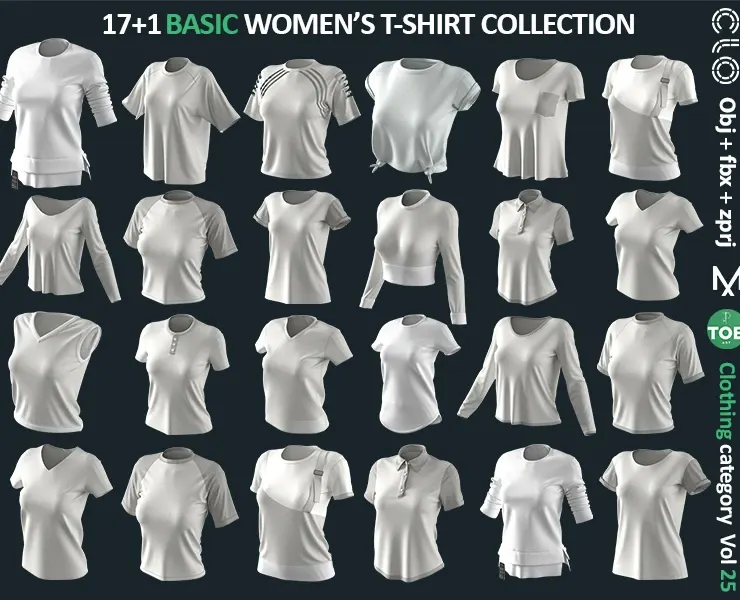 17+1 BASIC WOMEN'S T-SHIRTS / Marvelous Designer / CLO3D + ZPRJ + OBJ