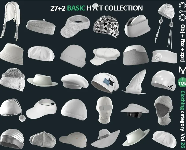 27+2 BASIC HAT COLLECTION: ZPRJ + OBJ + FBX / Marvelous + Clo3d