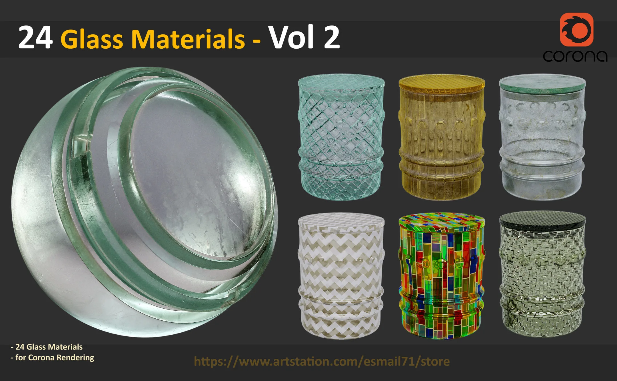 24 Glass Materials - Vol 2 ( for Corona Render )