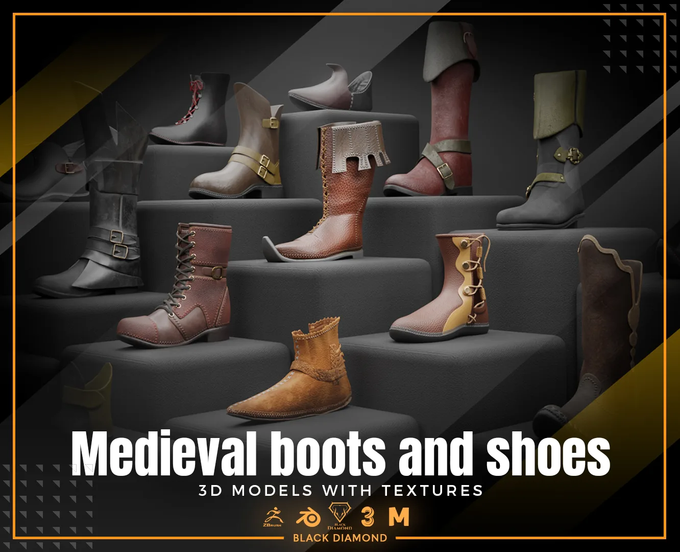 Medieval boots and shoes 3d model + Textures