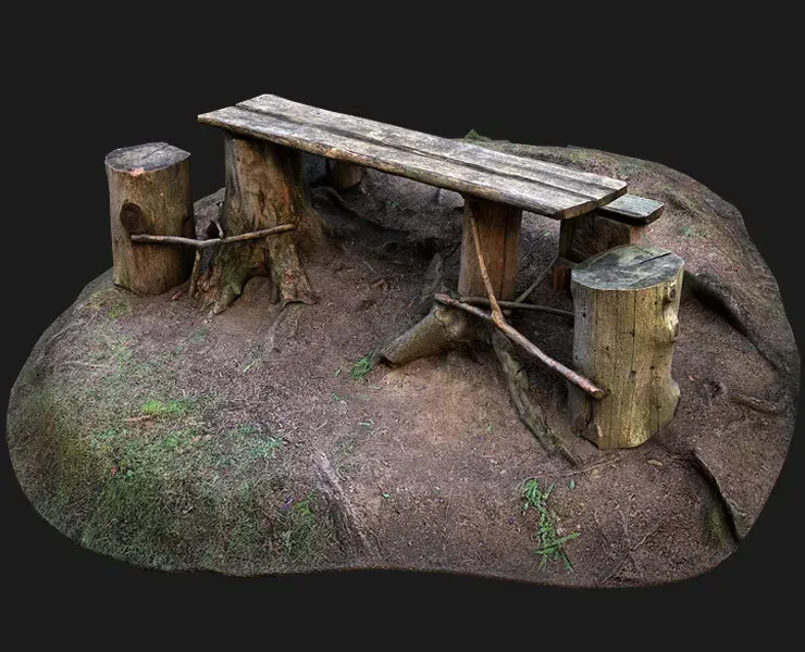 Medieval Wooden Bench and Table in the Mountains