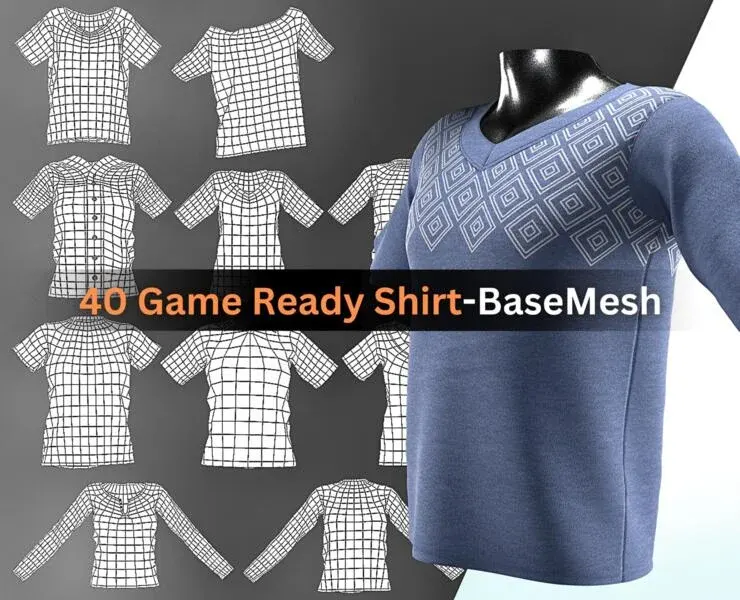40 Game-Ready Low-Poly T-shirt Basemesh