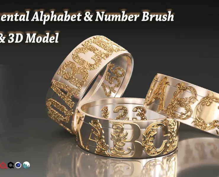 108 Ornamental Alphabet & Number Brush + Alphas + 3D model vol