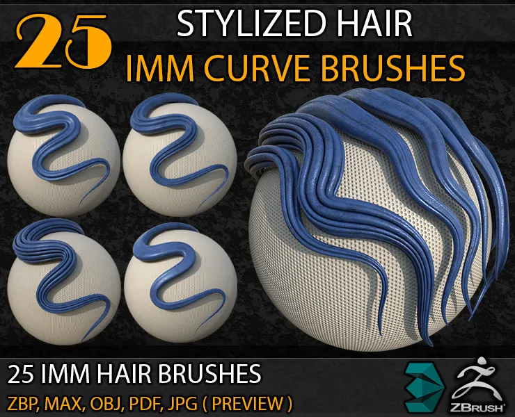 25 Stylized Hair IMM Curve Brushes+3ds Max and OBJ files ( Vol- 02)