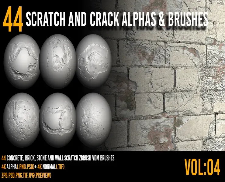 44 Zbrush Scratch And Crack Alphas + VDM brushes+ 4k normal - VOL 04