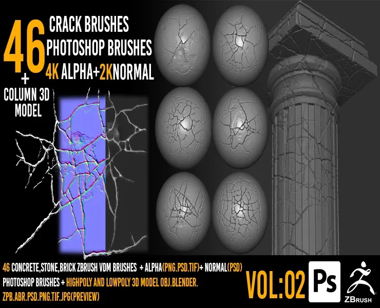 46 Zbrush Crack Brushes + 4k Alpha + 2k Normal + Photoshop Brushes + 3D Model - VOL 02