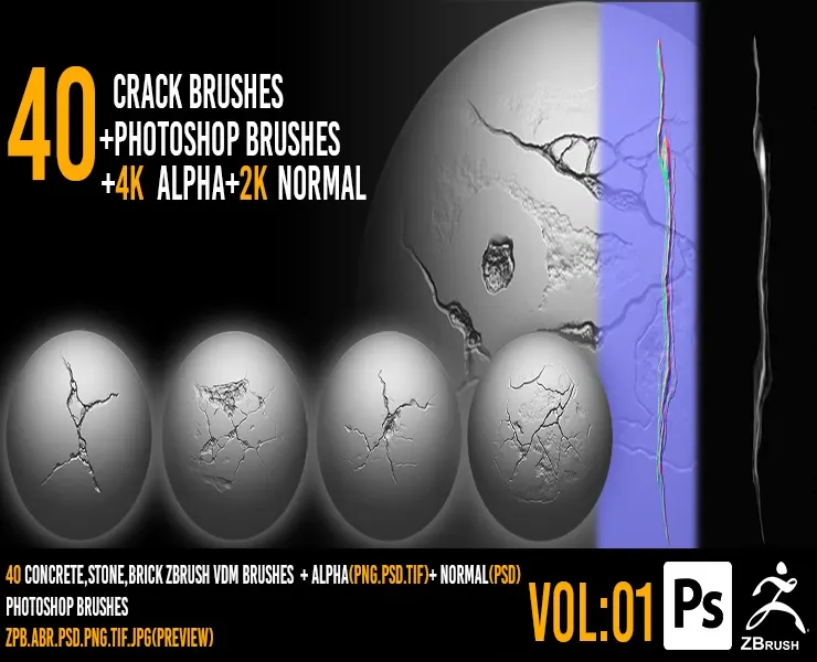 40 Zbrush Crack Brushes + 4k alpha + 2k normal + Photoshop Brushes - VOL 01