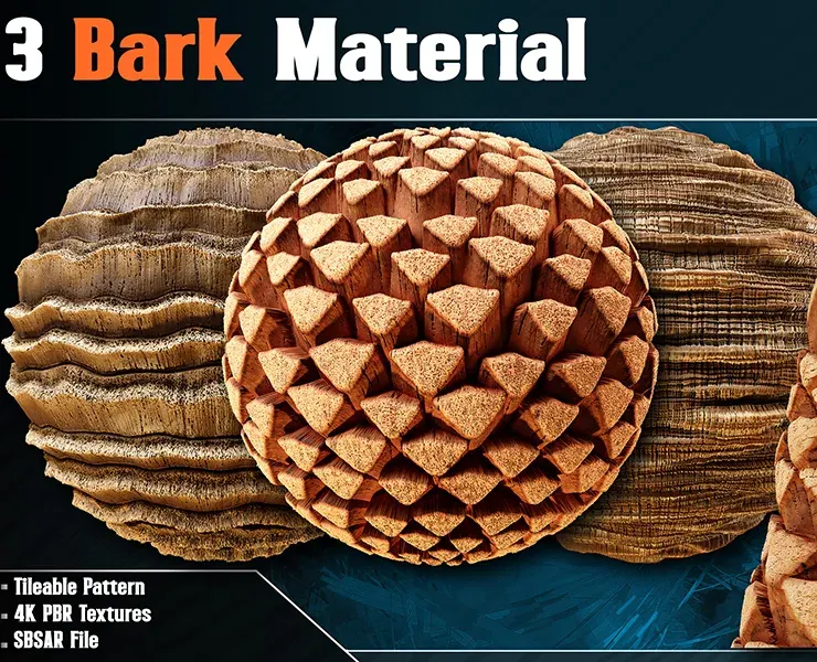 3 Tree Bark Material - VOL 02 (SBSAR file + 4k PBR Textures)