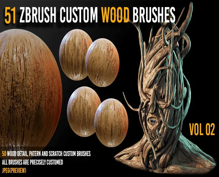 51 Zbrush Wood Sculpting Custom Brushes VOL02