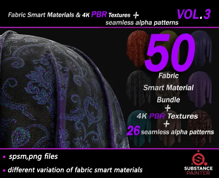 50 High Quality Fabric Smart Material Bundle + 4K PBR Texture + 26 Seamless Alpha Patterns _VOL.3