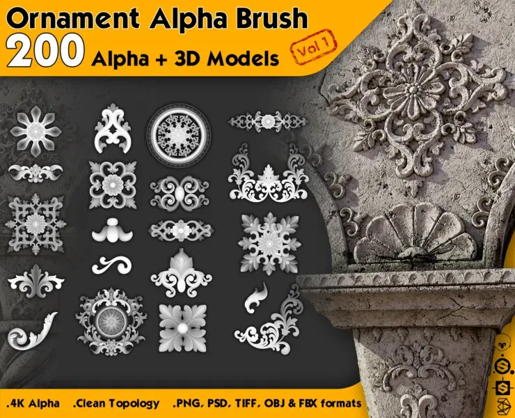 200 Ornament Alpha Brush (4K) + 3D Models - Vol 1