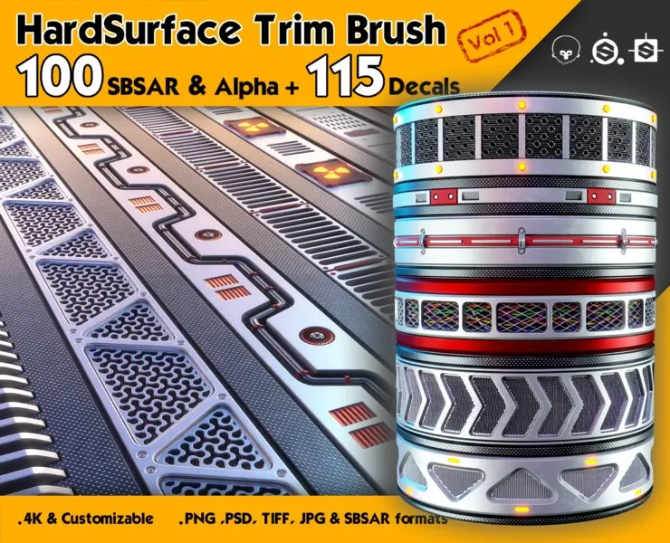 100 HardSurface Trim Brush (4K) + 115 Alpha Decals