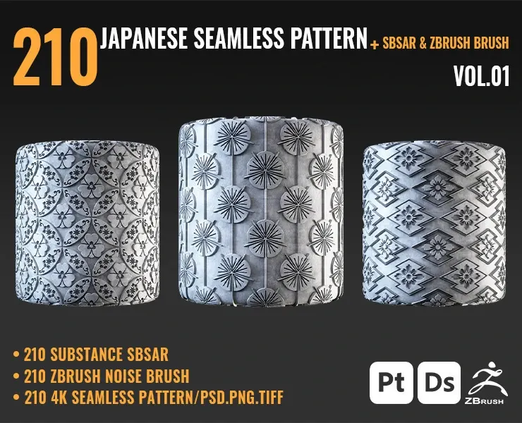 210 JAPANESE SEAMLESS PATTERN + SBSAR & ZBRUSH BRUSH - VOL 01