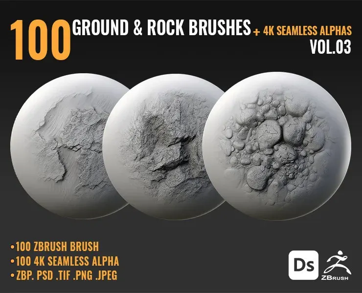 100 GROUND & ROCK BRUSHES + 4K SEAMLESS ALPHAS - VOL 03