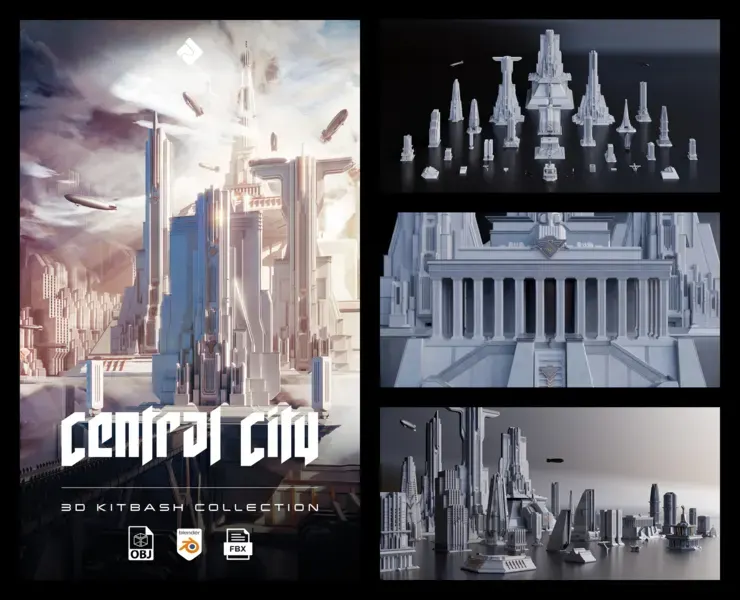 Central City - Detailed Imperial Brutalist Buildings And Environment Assets Blender 3D Kitbash Pack