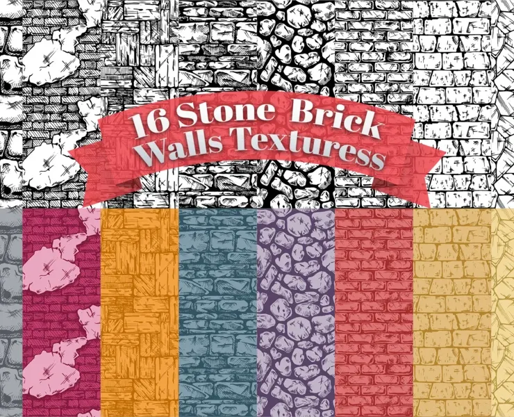 16 Stone, Brick, Walls Textures, Seamless Pattern Stone, Old Wall, Paving, Rock Background, EPS File