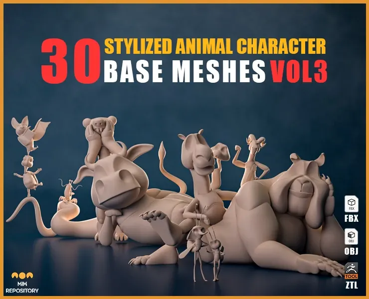 30 Stylized Animal Character Base Meshes - VOL 3