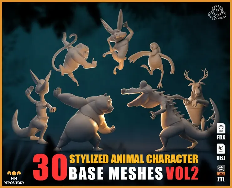 30 Stylized Animal Character Base Meshes - VOL 2