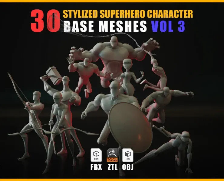 30 Stylized Superhero Character Base Meshes - VOL 3
