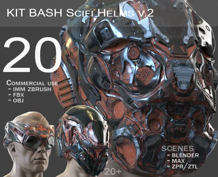 20 Scifi Helmets KitBash v2 - .obj/.fbx + .ZTL .MAX .BLEND  - Plus Low poly and High Poly