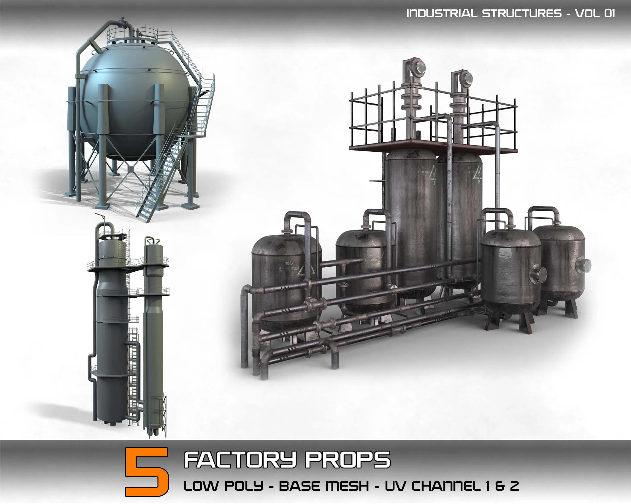 industrial structures Vol 01- 5 Factory Props (Low Poly - Base Mesh)