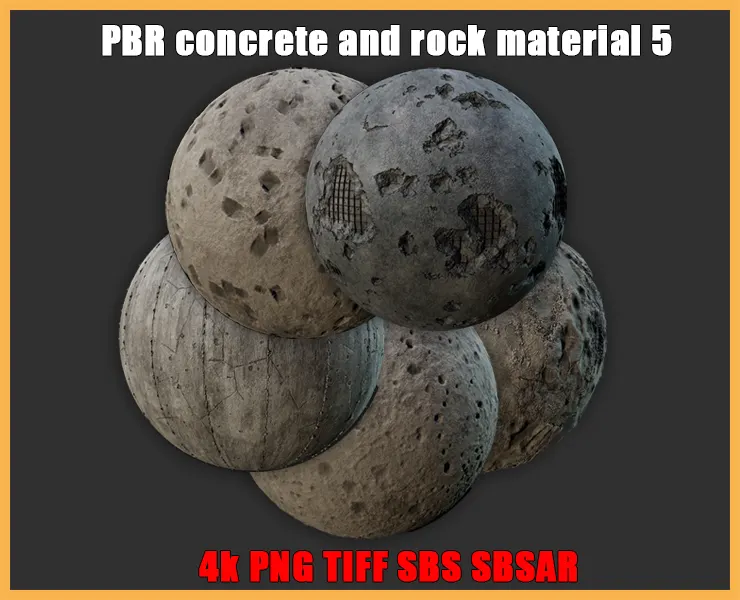 5 PBR concrete and rock material 4k PNG, TIFF, SBS, SBSAR