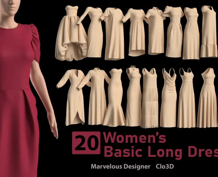 20 Women's Basic Long Dress + Zprj +Obj + Fbx