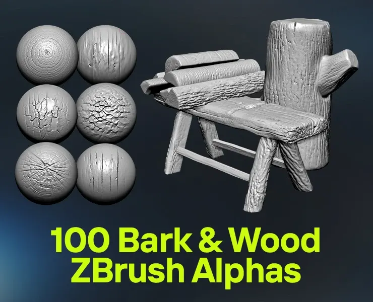 100 Bark & Wood ZBrush Alphas - Vol 1