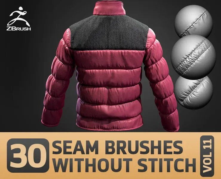 30 Seam Brushes Without Stitch (2K Alpha + ZBrush Roll Brush) - Fabric & Cloth VOL 11